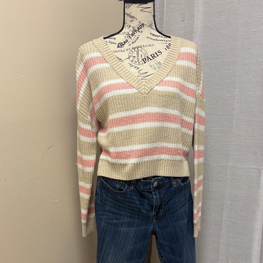 Wild Fable Striped V-Neck Cropped Long Sleeve Sweater Sz M